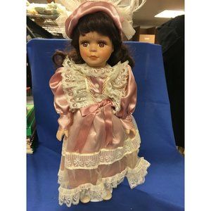 15" World Bazaar Inc Porcelain Doll Brown Hair & Eyes Pink Satin & Lace Dress